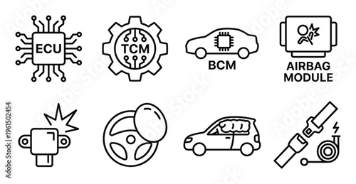 Automotive electronic control units and safety system components line icon set for vehicle repair