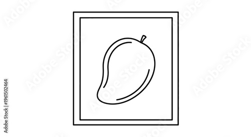Minimalist outline drawing of a tropical mango fruit icon within a sleek square frame