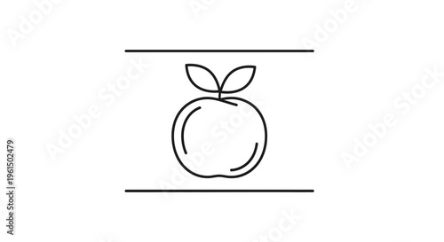 Minimalist black outline illustration of a fresh apple with two leaves between horizontal lines