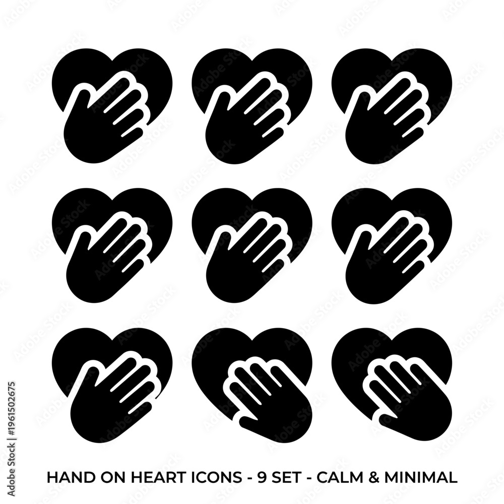 Fototapeta premium Set of Nine Minimal Hand on Heart Icons for Calm and Compassionate Design.