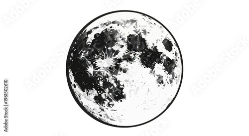 Black and white vector illustration of a full moon with detailed craters, surface textures, and lunar maria, isolated on a solid white background with a thin circular border outline.