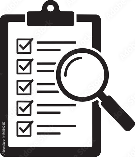 A checklist on a clipboard with a magnifying glass