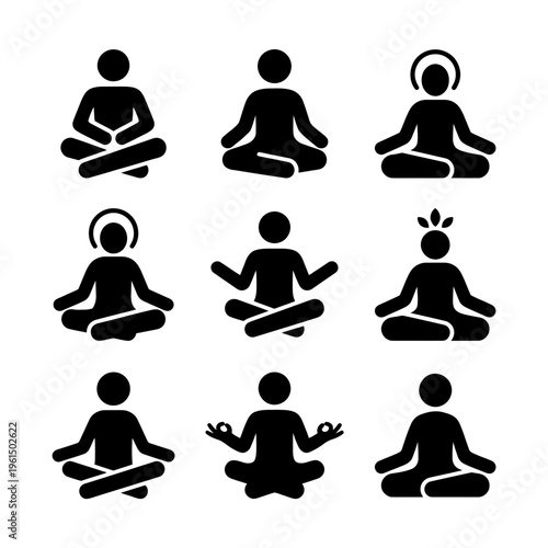 Collection of Diverse Meditation and Yoga Poses in Silhouette Style.