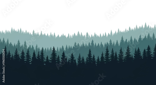 Misty silhouette of layered coniferous pine forest trees with atmospheric perspective showing depth in dark teal and green gradients isolated on a clean white background