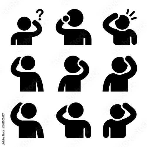 Collection of Black Silhouette Icons Depicting Confusion and Thoughtful Poses.