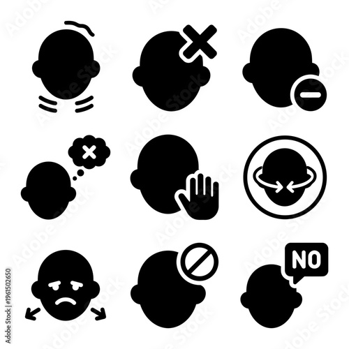 Collection of Black and White Silhouette Headache and Discomfort Icons.