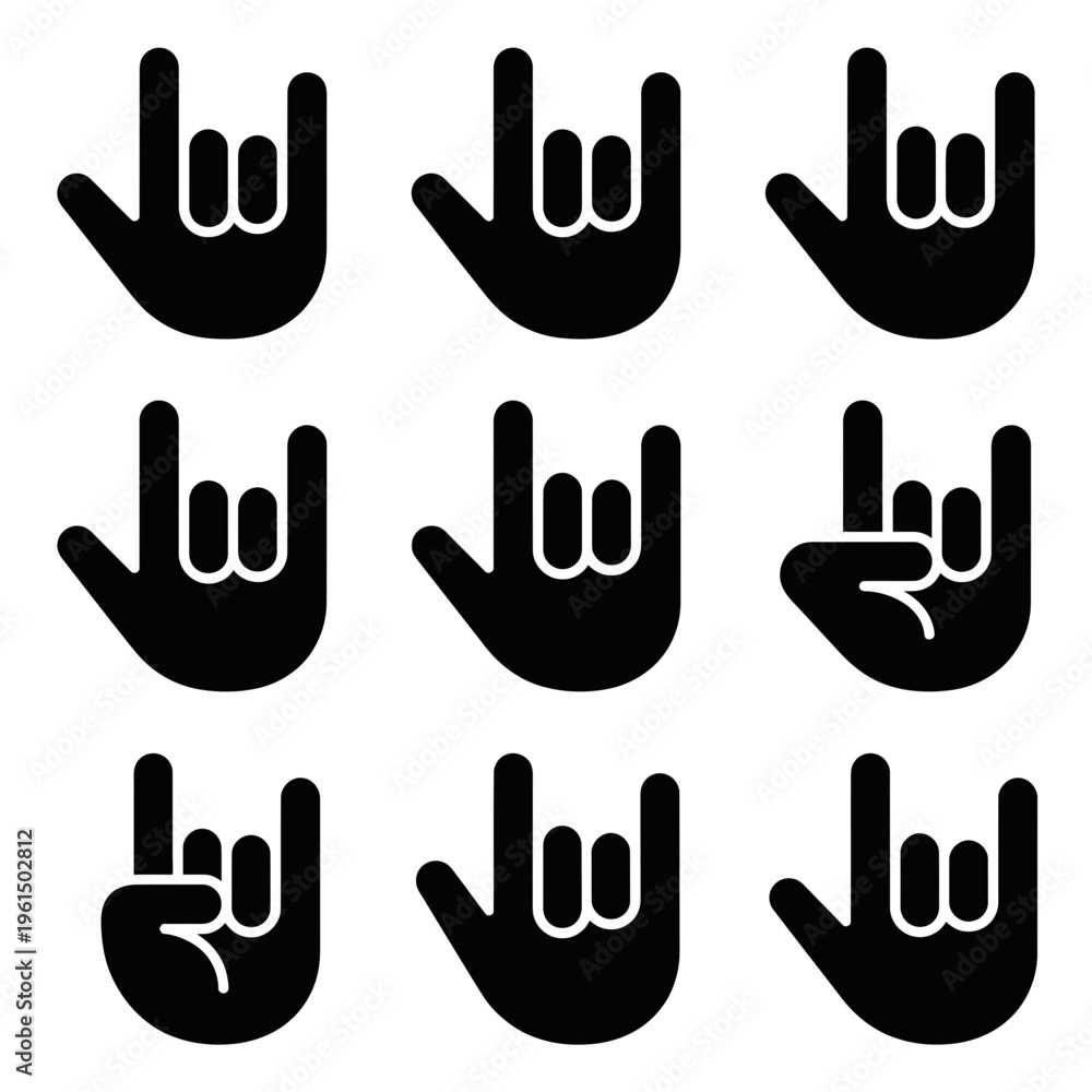 Fototapeta premium Set of Nine Black Hand Gesture Icons for Communication and Expression.