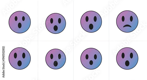 Collection of purple and blue gradient shocked and sad face emojis on white background, perfect for digital communication and social media projects