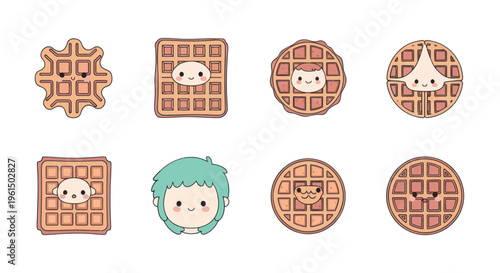 Cute cartoon waffles with smiling faces and character designs, perfect for food, breakfast, dessert, and kids-related projects