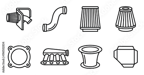 Car air intake and performance engine components line art icons set for automotive tuning and repair