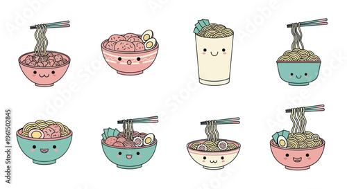 Cute Kawaii Ramen Noodles and Meatballs Bowls with Chopsticks and Smiling Faces, Japanese Food Cartoon Illustrations for Kids and Food Art