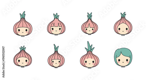 Cute cartoon onion girl characters with different faces and hairstyles, kawaii vegetable design, perfect for kids and food illustrations