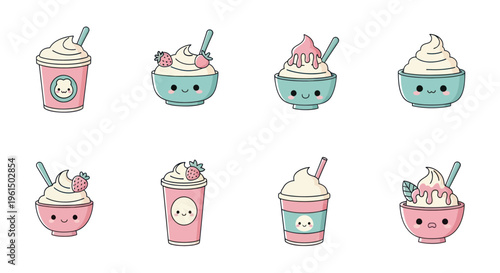 Cute kawaii desserts and drinks with happy faces, including bowls and cups of whipped cream and strawberries, perfect for food and beverage projects