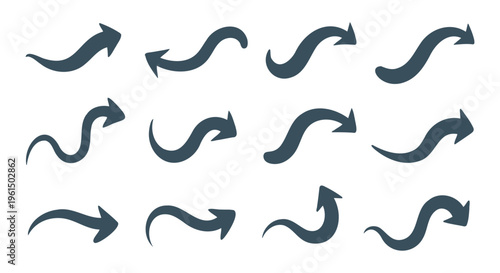 Collection of 12 wavy black arrows pointing in various directions on a white background