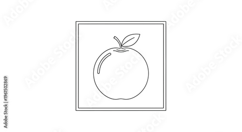 Minimalist black line art illustration of a fresh apple with a leaf inside a simple square frame
