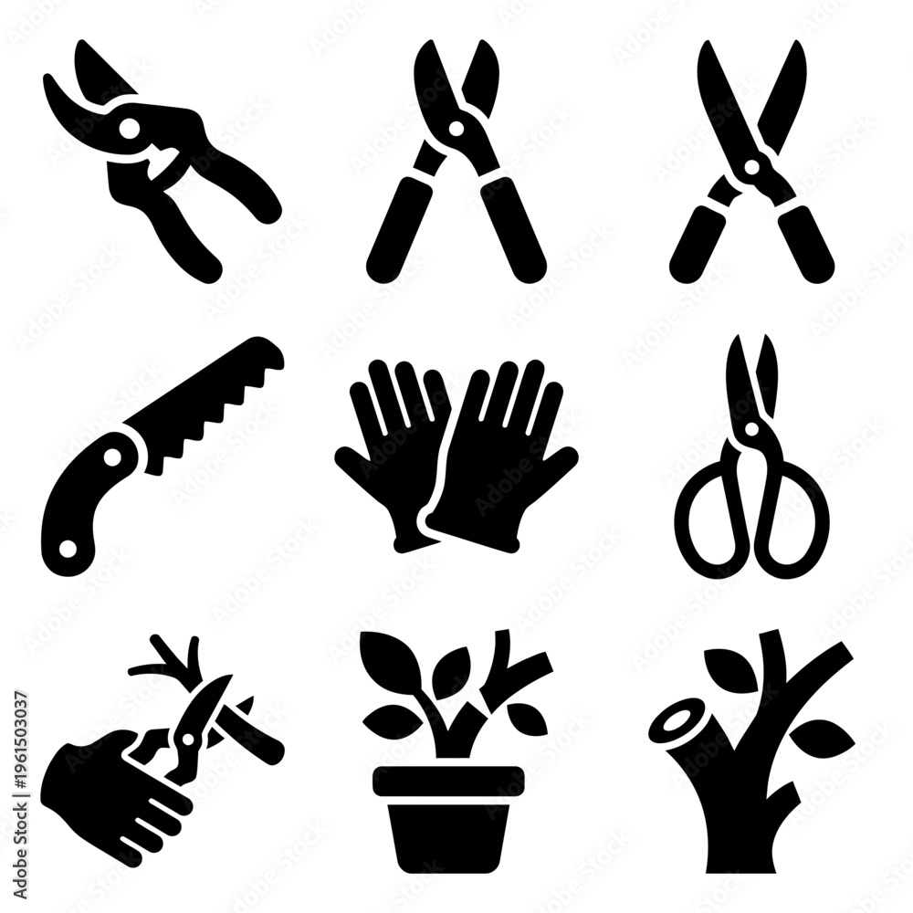 Fototapeta premium Collection of Gardening Tools and Plant Care Icons in Silhouette Style.