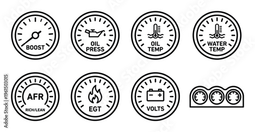 Car dashboard gauges, automotive performance indicators, vehicle monitoring outlines