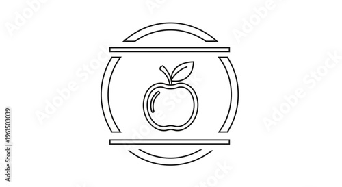 Elegant line art icon showcasing a fresh apple with a leaf, framed within a decorative border,
