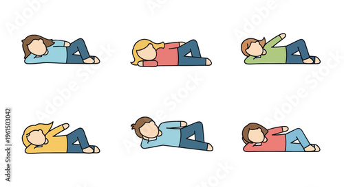 Set of diverse cartoon people lying down in relaxed poses, casual clothing, simple flat design, perfect for lifestyle and leisure illustrations