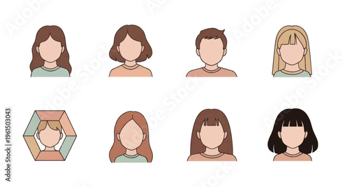 Set of diverse faceless avatars with various hairstyles and colors, simple vector illustrations ideal for user profiles and social media icons