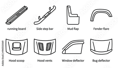 Car exterior body kit parts for off road vehicle customization and enhancement including hood scoop fender flare and running board