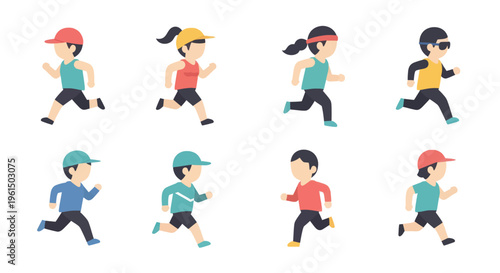 Fototapeta Set of diverse running cartoon kids in colorful sportswear, flat design vector illustration perfect for fitness, health, and activity projects