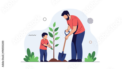 Father and young son planting a small tree together in a garden using a shovel to promote environmental awareness and family bonding.