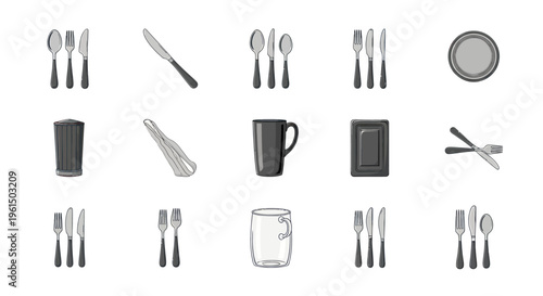 Set of various cutlery and drinkware icons including forks, knives, spoons, cups, plates, and a trash bin for kitchen and dining design