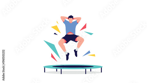 Energetic man jumping high on a small trampoline with colorful abstract shapes around him to represent movement and fitness.