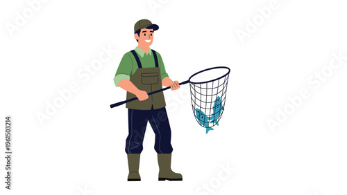 Happy fisherman wearing overalls and a cap holding a large net full of fish isolated on a clean white background.