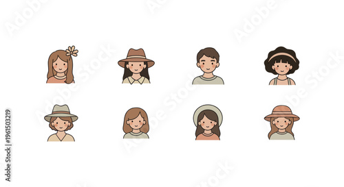 Cute cartoon avatars of diverse happy children wearing different hats and accessories, flat style icons for profile or social media usage