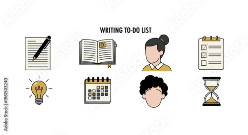 Writing to-do list concept with clipboard, calendar, light bulb, hourglass and people icons for task management and productivity ideas