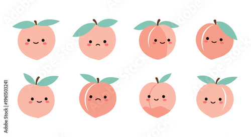 Cute cartoon peaches with happy and sad faces in simple kawaii style, perfect for children?s books, stickers, and playful designs