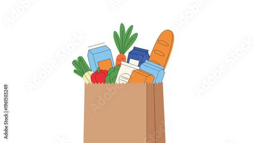 Brown paper grocery bag overflowing with various fresh organic foods like vegetables, bread, and milk cartons, isolated on a white background.