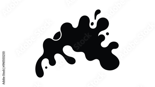 Artistic abstract black ink or paint splatter shape with dynamic drips and splashes on a plain white background for creative design elements.