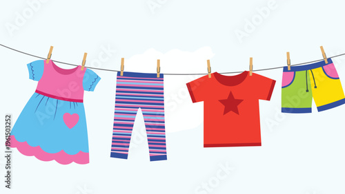Colorful children clothes hanging neatly on a laundry line with wooden clothespins against a soft blue sky with light white clouds background.