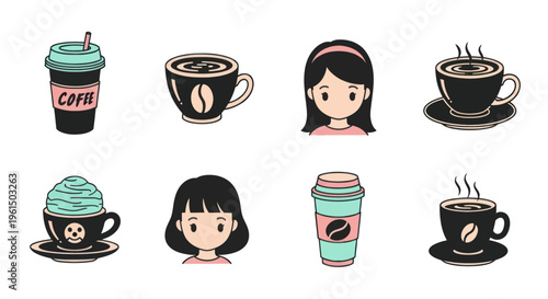 Cute hand-drawn coffee cup and girl face icons collection, includes hot coffee, takeaway cups, whipped cream and simple female portraits, perfect for cafe designs