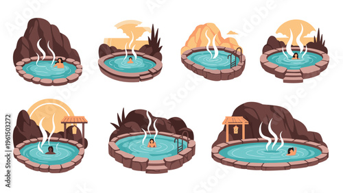 Diverse set of people relaxing and enjoying themselves in natural hot springs and stone pools under various scenic outdoor lighting conditions.