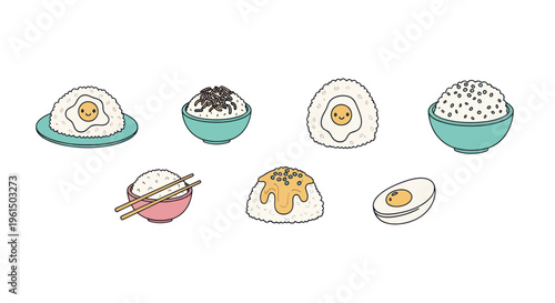 Cute kawaii rice bowls and eggs illustration set with smiling faces for food and Asian cuisine designs