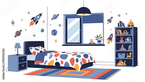 Modern children bedroom interior with a celestial space theme featuring rocket wall stickers, colorful toys on shelves, and a cozy bed area.