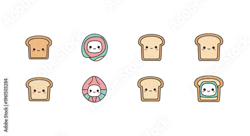 Cute kawaii toast and sushi characters with smiling faces in flat style, perfect for stickers, icons, or children's designs