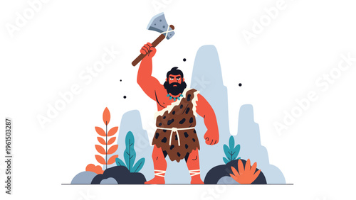 Muscular prehistoric caveman wearing a leopard print fur skin and holding a heavy stone axe, standing in a rugged mountain landscape scene.