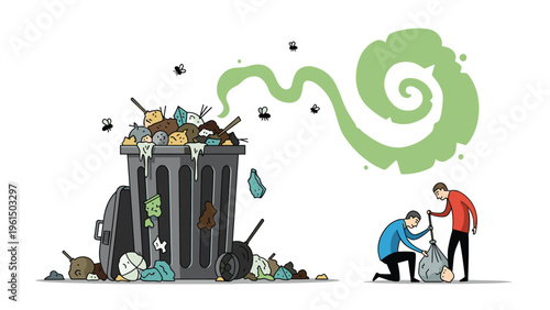 Two responsible people collecting scattered garbage into bags near an overflowing trash can with flies and a green foul odor cloud in the air.