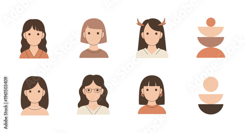 Minimalist female avatars and abstract geometric shapes in earth tone colors, modern flat design perfect for user profile icons or website graphics