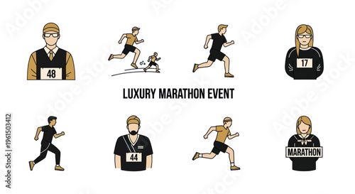 Luxury marathon event icons set with runners, participants and race numbers, ideal for sports and fitness design projects