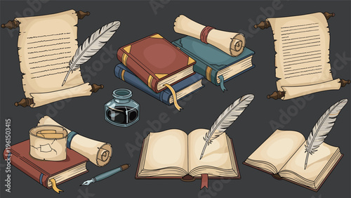 Collection of antique writing tools including feathery quills, an inkwell, old books, and scrolls arranged on a dark grey background scene.