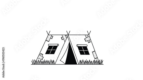 Minimalist black and white line drawing of a traditional teepee tent standing on a small patch of grass, representing a simple rustic dwelling.