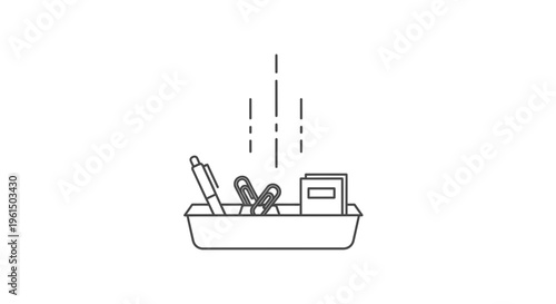 Minimalist line art illustration of an office desk organizer with various stationery items neatly