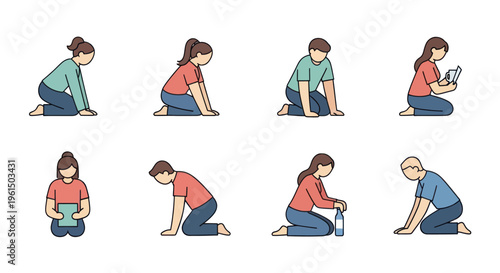 People sitting and kneeling illustrations with various postures and activities like reading, holding objects, and resting, perfect for educational or lifestyle projects
