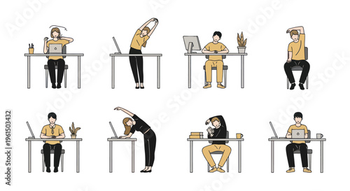 Office workers doing desk stretches and exercises to relieve stiffness and improve posture, perfect for workplace health and wellness content